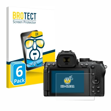 Front side of a product packaging with the brand logo BROTECT. Next to it is the device Nikon Z50 II shown with the correspond
