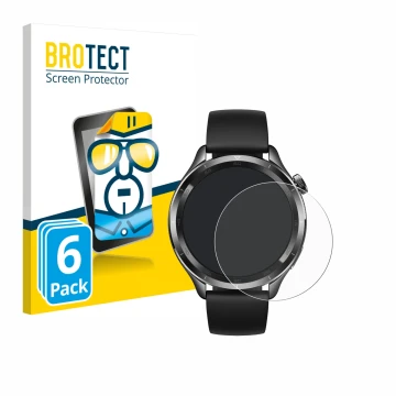 Front side of a product packaging with the brand logo BROTECT. Next to it is the device Xiaomi Watch S4 (47 mm) shown with the
