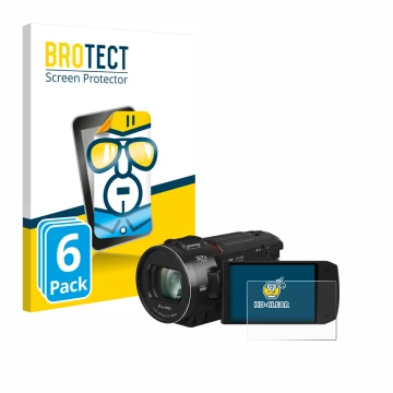 Front side of a product packaging with the brand logo BROTECT. Next to it is the device Panasonic HC-VX3 shown with the corres