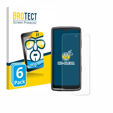 Front side of a product packaging with the brand logo BROTECT. Next to it is the device Crosscall Stellar M6 shown with the co