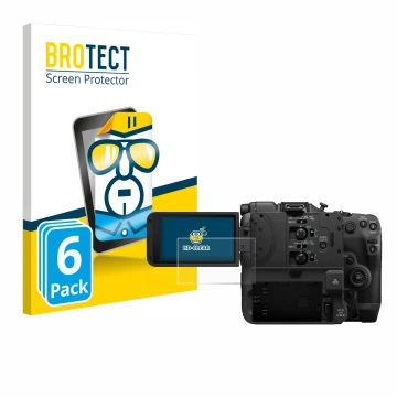 Front side of a product packaging with the brand logo BROTECT. Next to it is the device Canon EOS C400 shown with the correspo