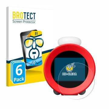 Front side of a product packaging with the brand logo BROTECT. Next to it is the device Nintendo Sound Clock Alarmo shown with