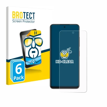 Front side of a product packaging with the brand logo BROTECT. Next to it is the device Nubia Focus 5G shown with the correspo