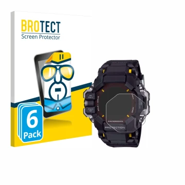Front side of a product packaging with the brand logo BROTECT. Next to it is the device Casio G-Shock GPR-H 1000 shown with th