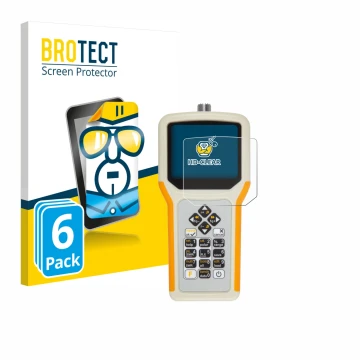 Front side of a product packaging with the brand logo BROTECT. Next to it is the device RigExpert AA-55 Zoom shown with the co