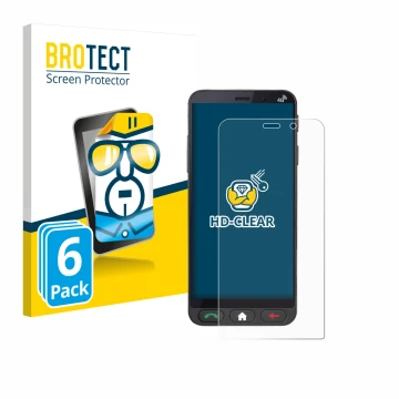 Front side of a product packaging with the brand logo BROTECT. Next to it is the device Brondi Amico Vero 4G shown with the co