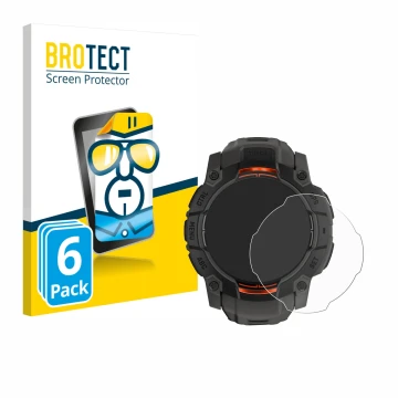 Front side of a product packaging with the brand logo BROTECT. Next to it is the device Garmin Instinct 3 Solar (50 mm) shown 