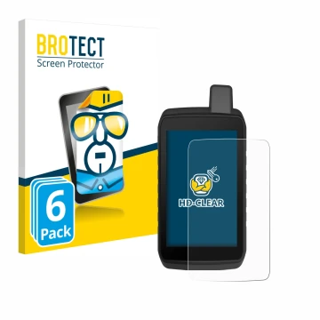 Front side of a product packaging with the brand logo BROTECT. Next to it is the device Garmin Montana 710 shown with the corr