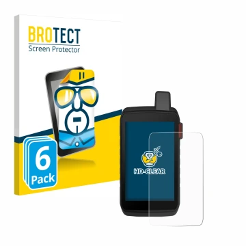 Front side of a product packaging with the brand logo BROTECT. Next to it is the device Garmin Montana 710i shown with the cor