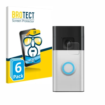 Front side of a product packaging with the brand logo BROTECT. Next to it is the device Ring Battery Video Doorbell shown with