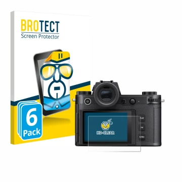 Front side of a product packaging with the brand logo BROTECT. Next to it is the device Leica SL3-S shown with the correspondi