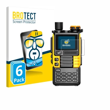 Front side of a product packaging with the brand logo BROTECT. Next to it is the device Quansheng UV-K5 (99) shown with the co