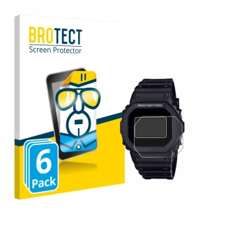 Front side of a product packaging with the brand logo BROTECT. Next to it is the device Casio G-Shock DW-5600RL-1 shown with t