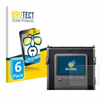 Front side of a product packaging with the brand logo BROTECT. Next to it is the device Fujifilm Instax Wide Evo shown with th