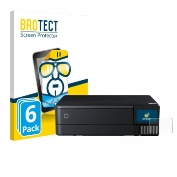 Front side of a product packaging with the brand logo BROTECT. Next to it is the device Epson EcoTank ET-8550 shown with the c