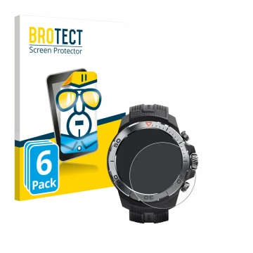 Front side of a product packaging with the brand logo BROTECT. Next to it is the device Xiaomi Mibro GS Explorer shown with th