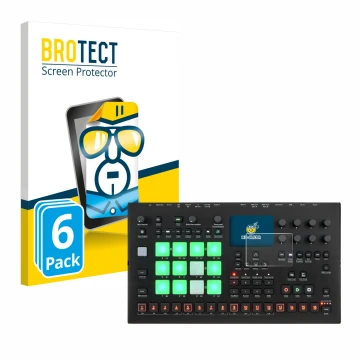 Front side of a product packaging with the brand logo BROTECT. Next to it is the device Elektron Analog Rytm MKII shown with t