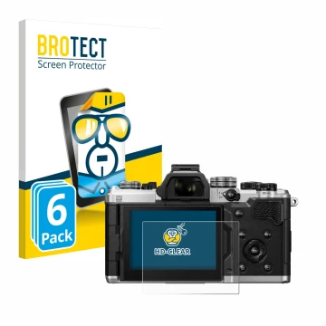Front side of a product packaging with the brand logo BROTECT. Next to it is the device OM System OM-3 shown with the correspo
