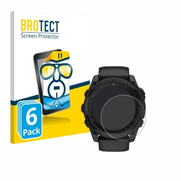 Front side of a product packaging with the brand logo BROTECT. Next to it is the device Garmin Tactix 8 AMOLED (51 mm) shown w
