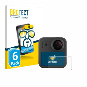 Front side of a product packaging with the brand logo BROTECT. Next to it is the device GoPro Max (2025) shown with the corres
