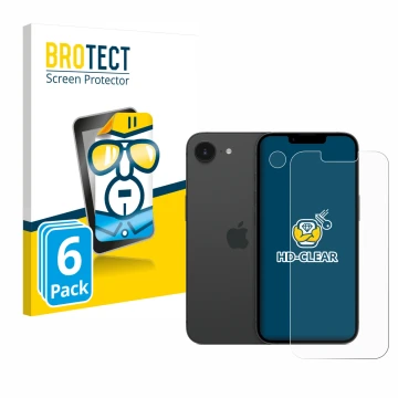 Front side of a product packaging with the brand logo BROTECT. Next to it is the device Apple iPhone 16e (Front+Camera) shown 