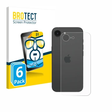 Front side of a product packaging with the brand logo BROTECT. Next to it is the device Apple iPhone 16e (Back) shown with the