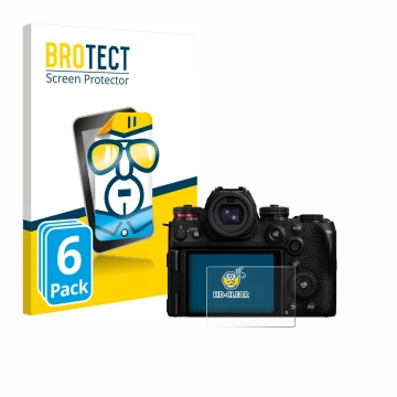 Front side of a product packaging with the brand logo BROTECT. Next to it is the device Panasonic Lumix S1R II shown with the 