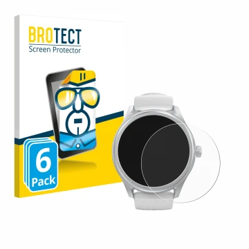 Front side of a product packaging with the brand logo BROTECT. Next to it is the device Hama Smartwatch 5010 shown with the co