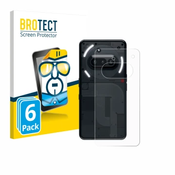 Front side of a product packaging with the brand logo BROTECT. Next to it is the device Nothing Phone (3a) (Back) shown with t