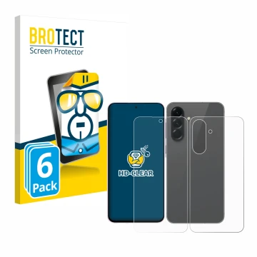 Front side of a product packaging with the brand logo BROTECT. Next to it is the device Samsung Galaxy A56 5G (Front+Back) sho