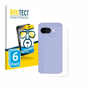 Front side of a product packaging with the brand logo BROTECT. Next to it is the device Google Pixel 9a (Back) shown with the 