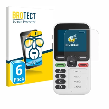Front side of a product packaging with the brand logo BROTECT. Next to it is the device Doro Leva X10 shown with the correspon