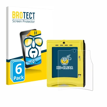 Front side of a product packaging with the brand logo BROTECT. Next to it is the device Nayax VPOS TOUCH shown with the corres