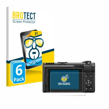 Front side of a product packaging with the brand logo BROTECT. Next to it is the device Canon PowerShot V1 shown with the corr