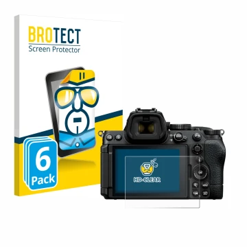Front side of a product packaging with the brand logo BROTECT. Next to it is the device Nikon Z5 II shown with the correspondi