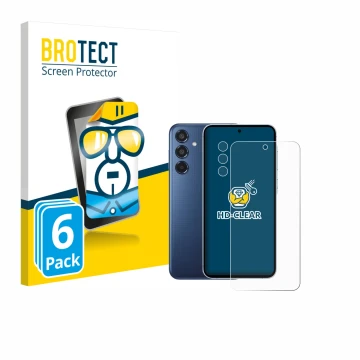 Front side of a product packaging with the brand logo BROTECT. Next to it is the device Samsung Galaxy M35 (Front+Camera) show