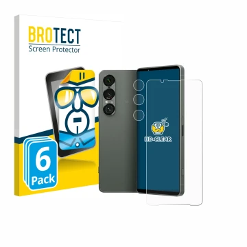 Front side of a product packaging with the brand logo BROTECT. Next to it is the device Sony Xperia 1 VII (Front+Camera) shown