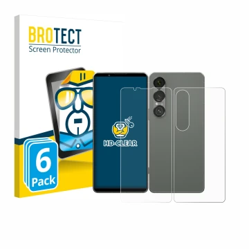 Front side of a product packaging with the brand logo BROTECT. Next to it is the device Sony Xperia 1 VII (Front+Back) shown w