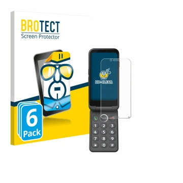 Front side of a product packaging with the brand logo BROTECT. Next to it is the device Doro Aurora A20 shown with the corresp