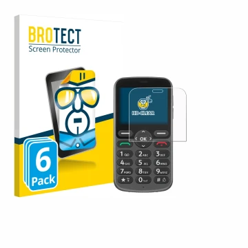 Front side of a product packaging with the brand logo BROTECT. Next to it is the device Doro 1380 shown with the corresponding