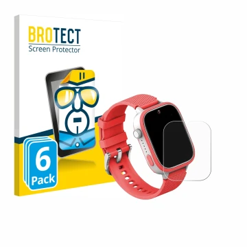 Front side of a product packaging with the brand logo BROTECT. Next to it is the device AngelTech Kids Smartwatch Ultra 1.83