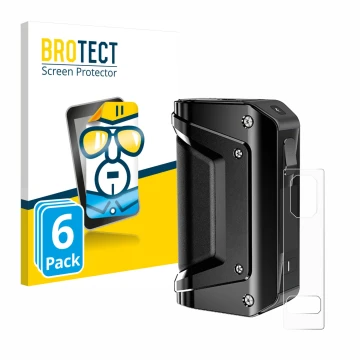 Front side of a product packaging with the brand logo BROTECT. Next to it is the device GeekVape Aegis Legend 3 shown with the