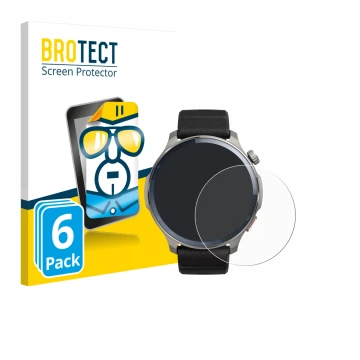 Front side of a product packaging with the brand logo BROTECT. Next to it is the device Huami Amazfit Balance 2 shown with the