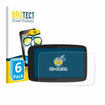 Front side of a product packaging with the brand logo BROTECT. Next to it is the device TomTom GO Camper Tour shown with the c