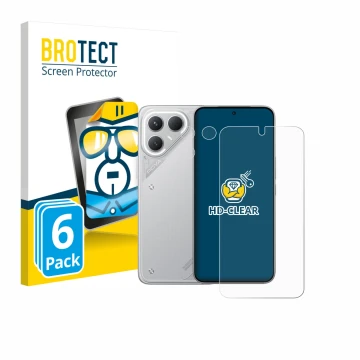 Front side of a product packaging with the brand logo BROTECT. Next to it is the device Tecno Pova 7 Pro (Front+Camera) shown 