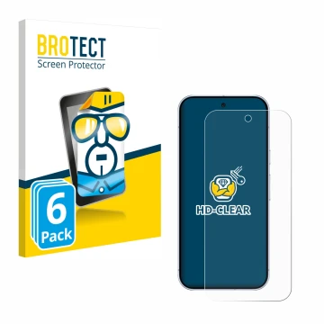 Front side of a product packaging with the brand logo BROTECT. Next to it is the device Google Pixel 10 Pro shown with the cor