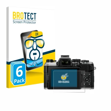 Front side of a product packaging with the brand logo BROTECT. Next to it is the device Olympus OM System OM-5 Mark II shown w