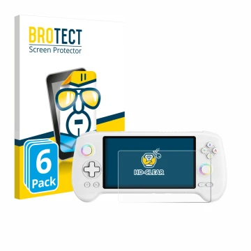 Front side of a product packaging with the brand logo BROTECT. Next to it is the device Anbernic RG557 shown with the correspo