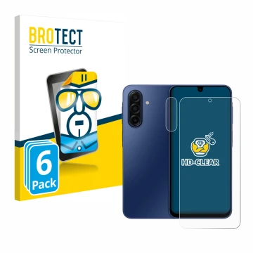 Front side of a product packaging with the brand logo BROTECT. Next to it is the device Samsung Galaxy A17 4G (Front+Camera) s