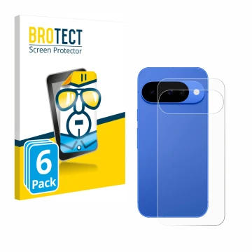 Front side of a product packaging with the brand logo BROTECT. Next to it is the device Google Pixel 10 (Back) shown with the 